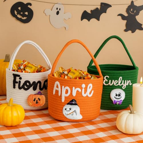 Personalized Halloween Baskets for Kids Custom Halloween Candy Basket with Name Trick or Treat Bags Pumpkin Bucket Gifts for Boys Girls Home Decor