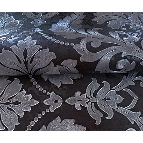 AMINAH DECO Classic Damask Wallpaper Roll Black Silver Embossed Texture Victorian Vinyl Wall Paper for Living Room Bedroom Decor 20.8 x 393.7 in Cover