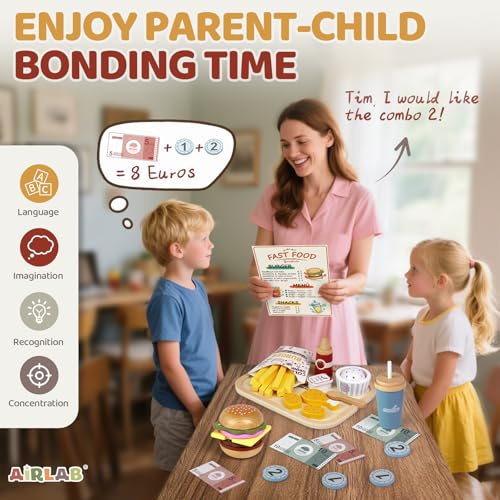 Airlab Kinderküche Spielküche Zubehör aus Holz, Küchenspielzeug Hamburger Fast Food Set Holz Lebensmittel Spielzeug mit Deutscher Speisekarte, Kaufladen Zubehör, Pädagogisches Rollenspiel Geschenk
