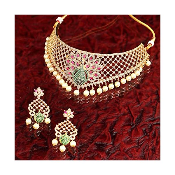 ZENEME Zenem Gold Plated White & Red American Diamond Studded With Drop Pearl Beaded Jewellery Set For Women & Girl - Image 4