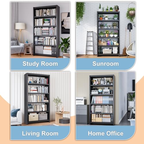 Image of 5 Tier Metal Bookshelf, 69 inch Tall Heavy Duty Bookcase, Black Bookcase with Wide Display Shelves, Industrial Bookshelf for Living Room, Bedroom, Home Office