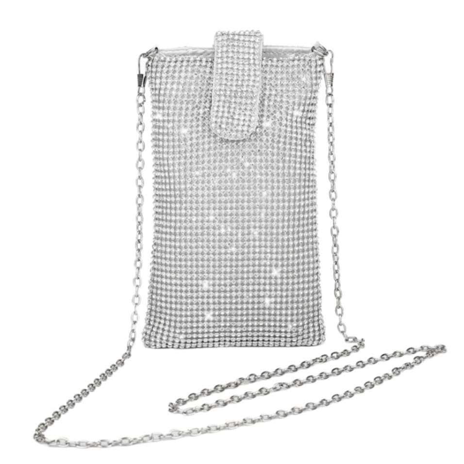 CAXUSD Bolso Bandolera Pequeño en Color Plata para Mujer Diseño de Gemas de Imitación, Cómodo y Práctico Adecuado para Guardar Teléfono y Monedas