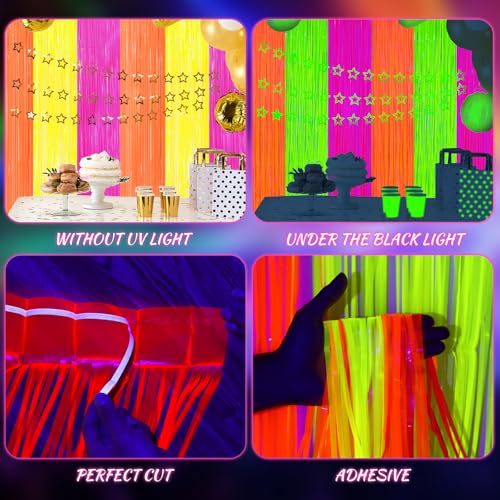Image of 2 Pack Glow in The Dark Party Curtains Streamers, Neon Party Decorations Fluorescent Macaron Colorful Tinsel Foil Fringe Curtains, Photo Booth Prop Backdrop Streamers, Birthday Halloween Party Decor