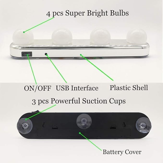 LEELICHI Portable LED Vanity Mirror Lights with 4 Super Bright Bulbs | Studio Glow Makeup Light | USB & Battery Operated | Powerful Suction Cups | Natural Daylight for Dressing Table & Travel Use 3