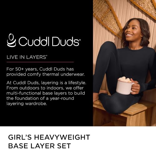 Image of Cuddl Duds Heavyweight 2 Piece Sets Base Layer Thermal Underwear for Girls | Winter Clothing, Fleece Lined Long Sleeve Top & Leggings, Soft Lounge Set for Cold Weather, Moisture Wicking Heat Retention