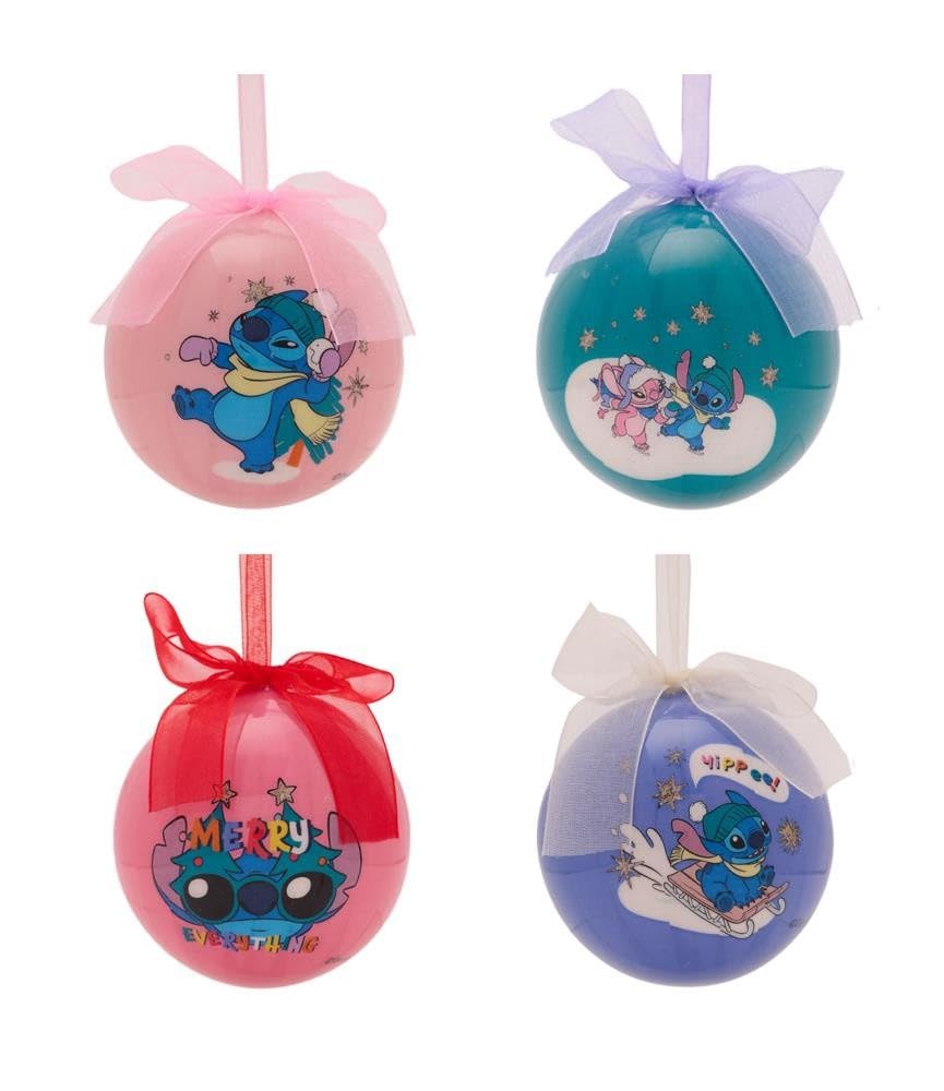 Disney Stitch - Juego de 4 bolas de Navidad de 80 mm, diseños divertidos con cintas en la parte superior