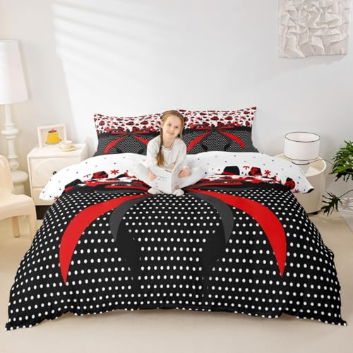 Red Black Bowknot Kids Duvet Cover Set Twin Size,Ladybug Ladybird Beetle Insect Rustic Bedding Set,Girls Boys Room Decor,Geometric Polka Dots Bow Tie Cute Quilt Cover,1 Pillowcase(No Comforter)