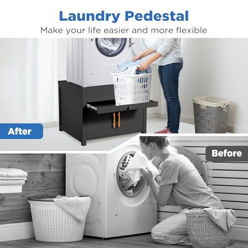 Image of Laundry Pedestal for Washer and Dryer 700LBS Capacity (Black) | Heavy Duty Shock-Proof Washer Stands, Washer and Dryer Stand with Pull-Out Shelf Hidden Storage Drainage