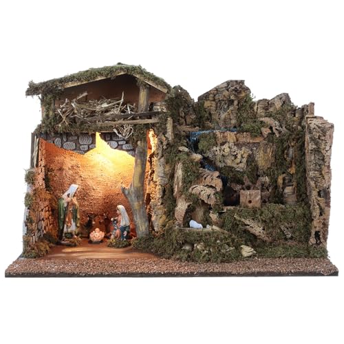 Holyart Nativity Scene Stable 16 cm Fountain Mill Light 50x70x40 cm, with figurinesWidth: 70 cm|Height: 50 cm|Depth: 40 cm