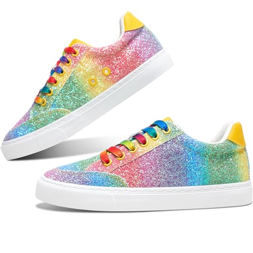 Jeekopeg Glitter Sparkly Fashion Sneakers Shiny Casual Shoes Bling Sequin Concert Low Cut Lace up Shoes(Rainbow 8 Women/6.5 Men)