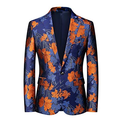 MOGU Mens Floral Blazer Slim Fit Elegant Tuxedo Jacket for Daily Prom Party US Size 38 Orange