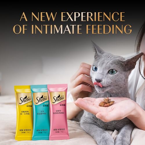 Image of Sheba Duo Adult Crunchy Cat Treats, 135 g, Crispy Outside Soft Inside, Contains 3 Variants, Tuna & Chicken, Salmon & Tuna, Chicken & Salmon (Pack of 4)