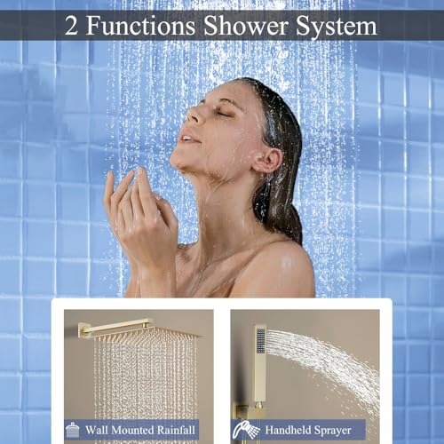 Image of Shower Faucet Set 16 Inch Wall Mount Rain Shower System, All Metal Shower Fixtures - Brushed Gold