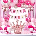 Hot Pink Birthday Decorations for Women with White Hot Light Pink Balloons Banner Fringe Curtains for 21st 25th 27th 30th 35th 40th 50th 60th Happy Birthday Decorations