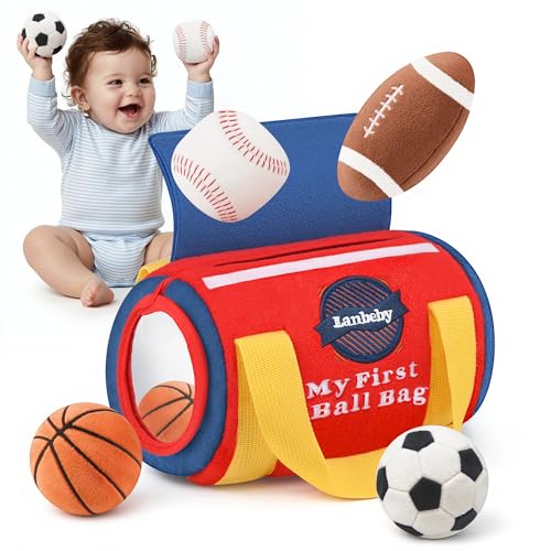 Baby Boy Toys 6-12 Months – My First Sports Bag Musical Infant Toys with 4 Sensory Balls – Basketball, Football, Baseball, Soccer – Rattle,...