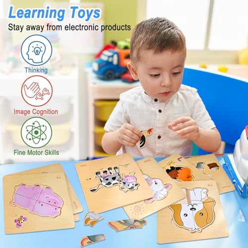 Image of 8pcs Wooden Puzzles for Toddlers 1-2-3-4, Farm Puzzles Ages 1-2-3-4 | Toddler Montessori Educational Jigsaw Toys, Preschool Puzzle Christmas Birthday Gift for Kids Girl Boy 1-4 Year Old