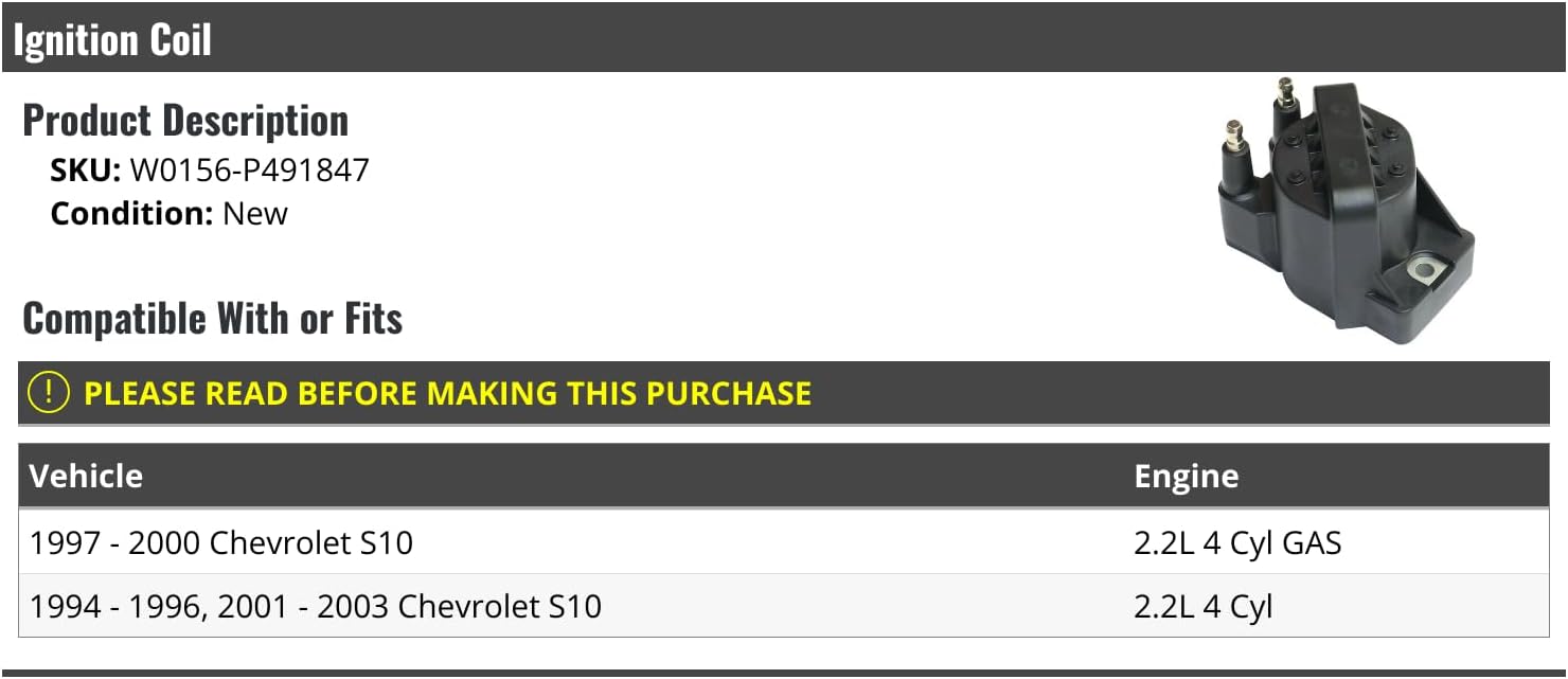 Ignition Coil - Compatible with 1994-2003 Chevy S10 2.2L 4-Cylinder