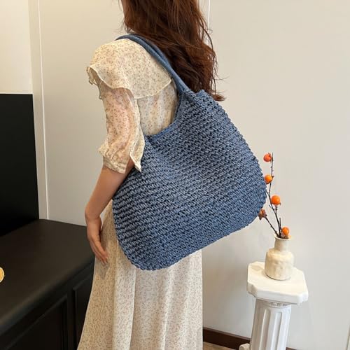 Bolso de playa grande de paja, estilo retro, con cierre de pestillo, bolso de mano tejido para damas, bolsos tipo tote para verano miniatura 3