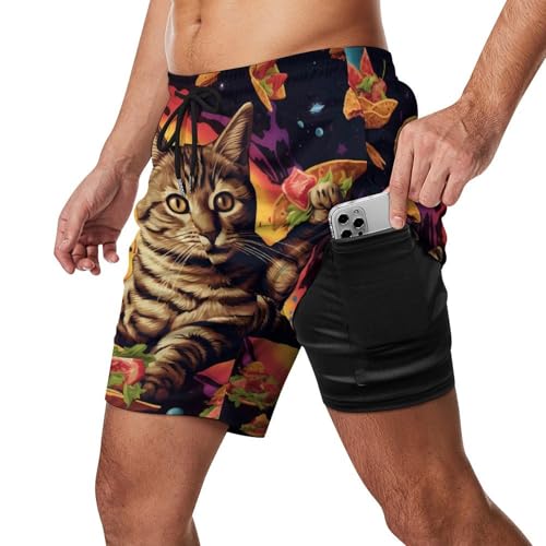 Cute Cat Men's Swim Trunks with Compression Liner Summer Bathing Suit Beach Shorts with Pockets2