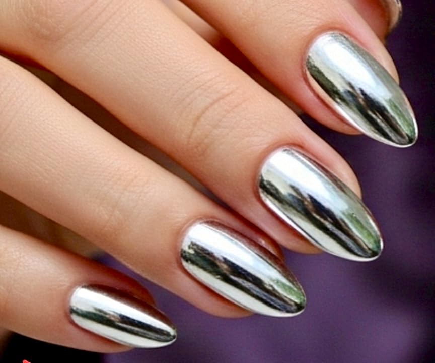 Press On Luxury METALLIC Nail Extensions Artificial ALMOND SHAPE with adhesive stickers and Nail File (Pack of 12 Nails) (Metallic Silver)-image-1