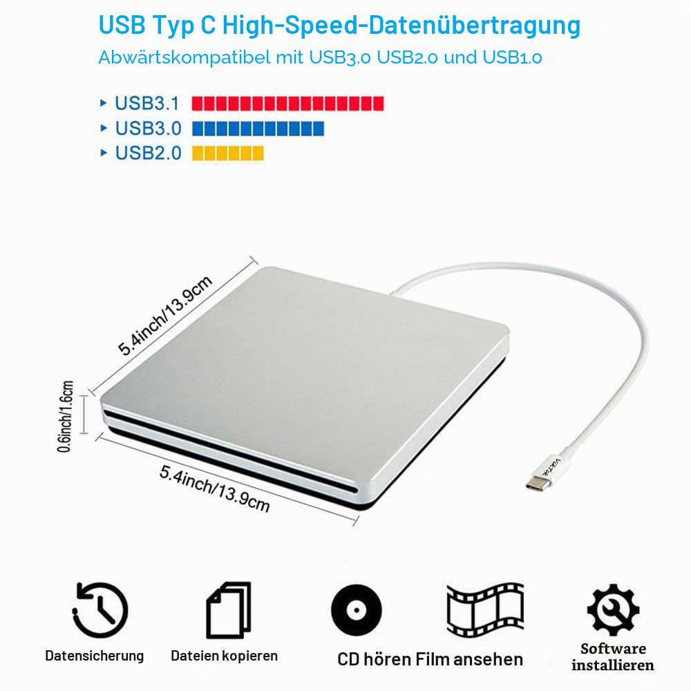 USB-C Superdrive Externes DVD/CD-Lesegerät und DVD/CD-Brenner für Apple MacBook Air/Pro/iMac/Mini/MacBook Pro/Asus/Dell Latitude mit USB-C Anschluss, Plug and Play - Silber