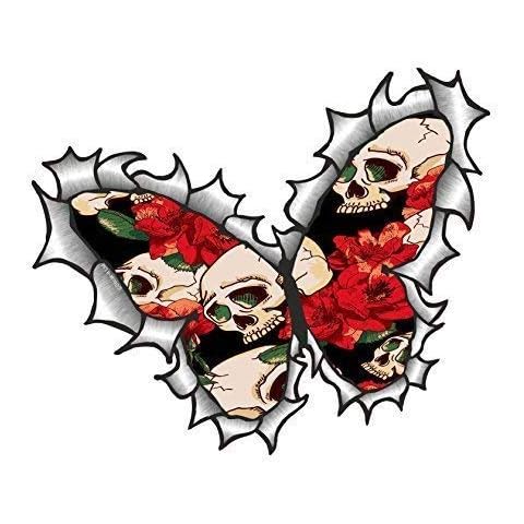 Sticar-it Ltd Butterfly Shaped RIPPED TORN METAL Gothic Tattoo Style Skull & Red Roses Motif Vinyl Car Sticker decal 125x90mm approx Cover
