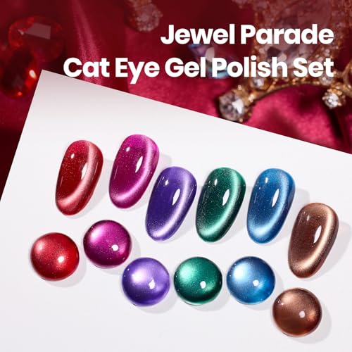 Image of Beetles Jewel Parade Cat Eye Gel Nail Polish Set - 6 Colors Glitter Cat Eye Gel Polish Kit Pink Purple Red Green Blue Brown Burgundy Magnetic Effect Soak Off UV Manicure Gift for Women