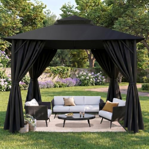 Image of COBIZI 10x10 FT Outdoor Gazebo, Soft Top Patio Gazebo with Ventilated Double-Tier Roof, Heavy-Duty Metal Frame Canopy with Removable Privacy Curtains for Backyard, Garden, Lawn, Black