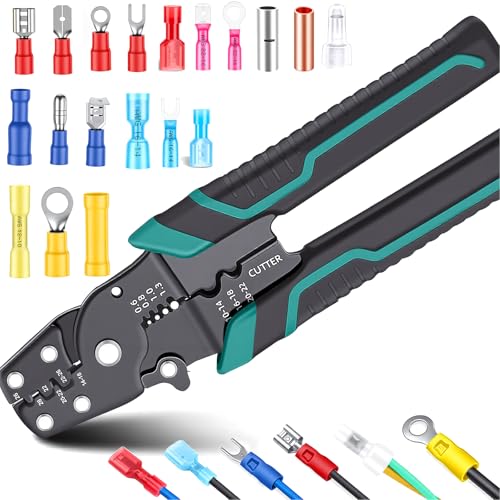 smseace Wire Crimping tool Wire crimper stripper and cutter for insulated/Bare/Heat Shrink connectors(22-10 AWG) Multifunctional stripping crimping pliers (No connector included)
