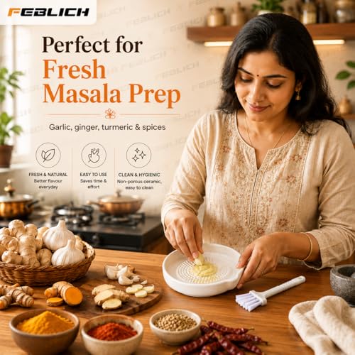 Image of Ceramic Garlic Grater Plate with Brush Manual Crusher Grinder Tool for Ginger, Garlic, Turmeric, Nutmeg, Fruits & Vegetables Durable, Easy to Clean, Non-Slip Kitchen Utensil (Medium)