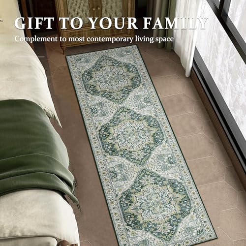 Deerly Green Boho Runner Rug 2x7 Washable Hallway Runner Vintage Throw Rug Non-Slip Low-Pile Floor Carpet for Kicthen Indoor Front Entryway Bathroom Bedroom, Green/Multi
