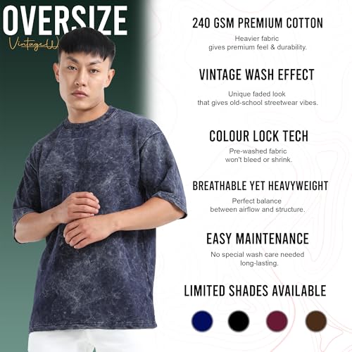 Image of fanideaz Mens 240 GSM Heavy Cotton Acid Wash Oversize T-Shirt Half Sleeve Round Neck Drop Shoulder Oversize Fit
