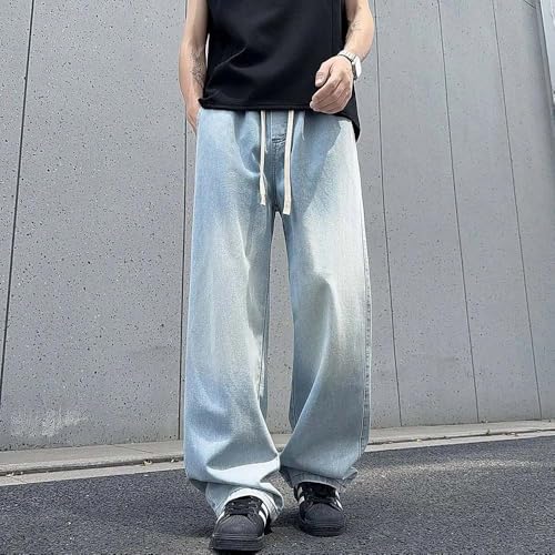 Hndudnff Men's Casual Elastic Waist Straight Jeans Loose Distressed Washed Cotton Jogging Denim Pants3