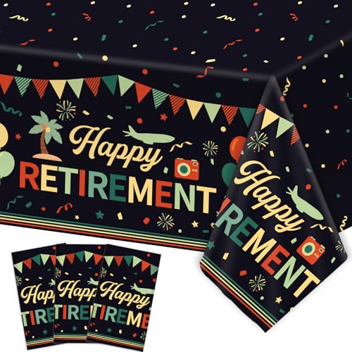 3PCS Vintage Retirement Party Tablecloth for Happy Retirement Decoration Plastic Waterproof Colorful Vintage Disposable Tablecloths Cover for Men Women Going Away Party Supplies 54 x 108 Inch(Retire)