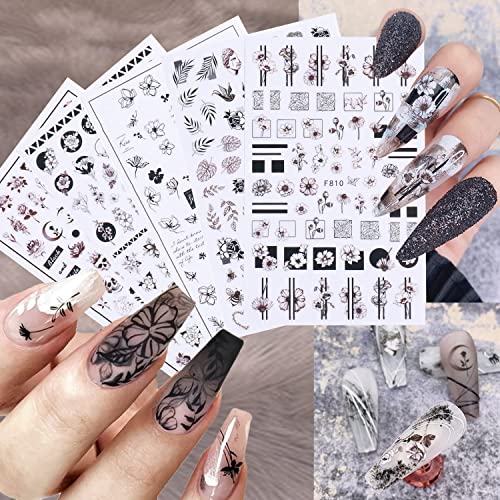 10 Sheets Black White Flower Nail Art Sticker, 3D Self-Adhesive Retro Rose Flower Leaf Moon Patterns Design Nail Decals for Acrylic Nail Women Girl Manicure DIY Nail Art Supplies Decoration
