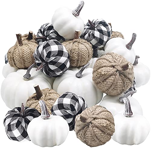 Eerrhhaq 24 Pcs Various Artificial Pumpkins Set,White Pumpkins,Cloth Black White Plaid Fabric Pumkins and Flax Pumpkin in Different Size,Faux Realistic Pumpkin for Halloween,Thanksgiving Party Decor