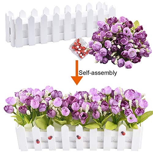 Artificial Flowers Roses and Rosebuds in Picket Fence Pot for Home Office Wedding Decoration (Set of 2, Purple)