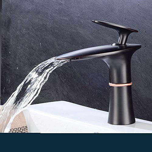 WOTZOV Grifo de Lavabo de Cascada, Mezclador de Agua fría y Caliente, de Oro Blanco, Grifo de Lavabo de latón Negro, Mezclador de baño Alto, Grifo de Hardware para el hogar, Cepillo de Aceite Corto I
