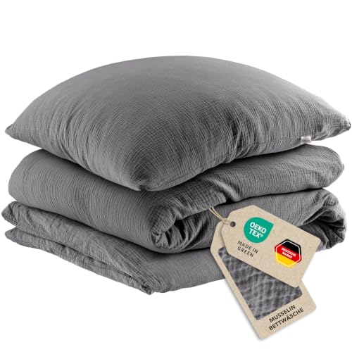 Pure Label Musselin Bettwäsche 135x200+40x80 cm 100% Baumwolle - Anthrazit – Ansicht 1