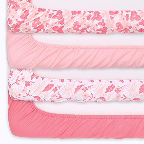 The Peanutshell Floral & Blush Pink Fitted Crib Sheet Set For Baby Girls - 4 Pack Set - Floral Punch & Solid Pink #TOP5