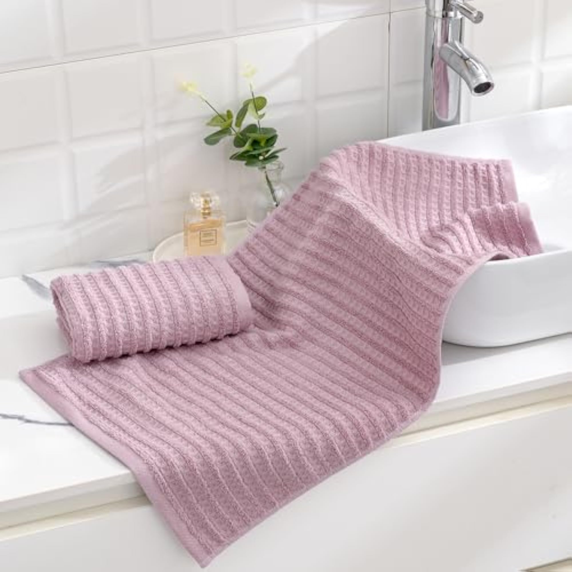 Waffle Hand Towel with Terry Striped Pattern, Super Soft Cotton