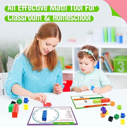 Image of Math Linking Cubes, 100 Math Cube Manipulatives with 30 Learning Activities plus 192 Reusable Stickers, Number Counting Blocks Snap Linking Math Counters, Fun & Educational Pre-K Counting Blocks