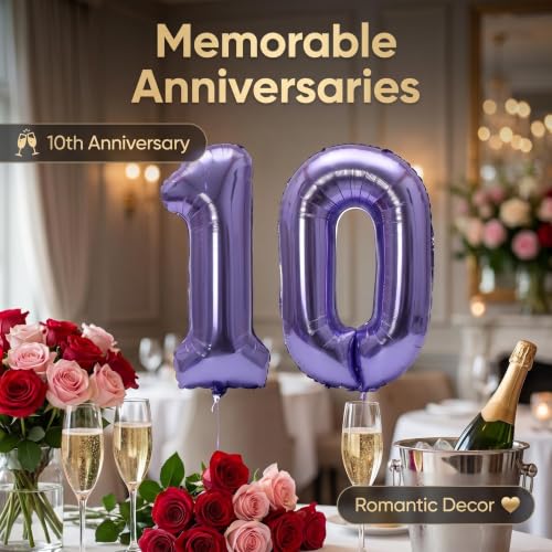 Image of Number 10 Balloon Foil Mylar Balloons for Birthday Party Decoration (Purple, 40 Inch)