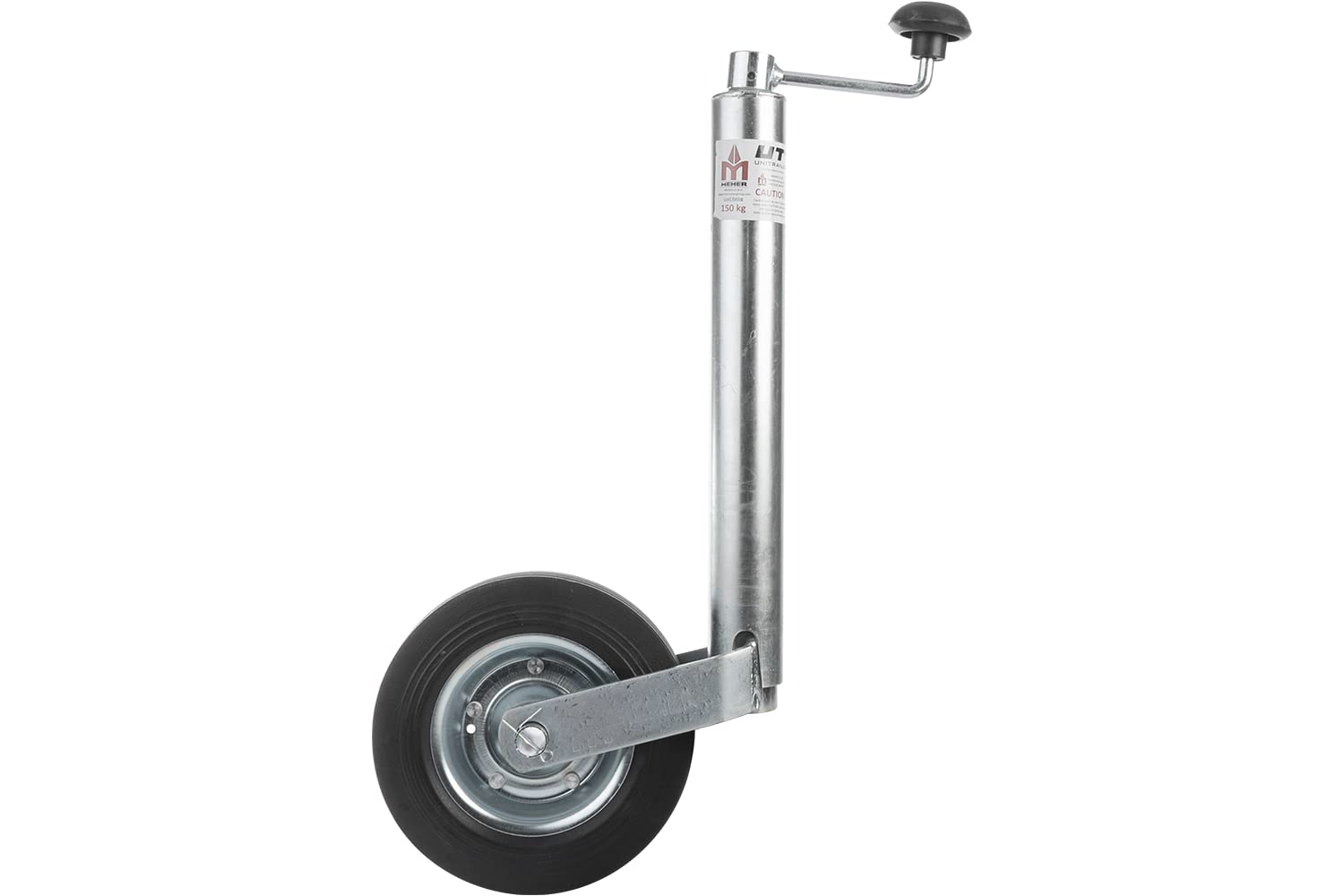 UNITRAILER Roue Jockey Tube 48 mm Charge 150 kg Hauteur 505 a 730 mm Extension 225 mm Roue 200 x 50 mm Caoutchouc Plein manivelle butee a Billes pour remorque attelage detelage