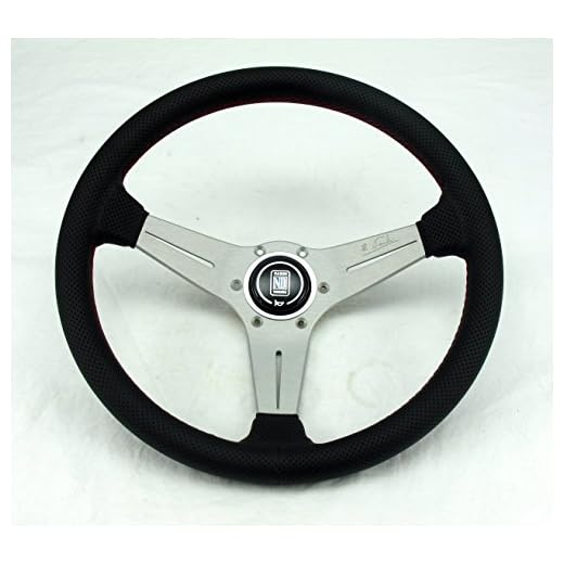 Nardi Steering Wheel - Deep Corn - 350mm (13.78 inches) - Black Perforated Leather with Red Stitching - White Anodized Spokes - Classic Horn Button - Part # 6069.35.1093