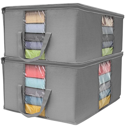 Sorbus Foldable Storage Bag Organizers, Large Clear Window & Carry Handles, Great for Clothes, Blankets, Closets, Bedrooms, and More (Gray)