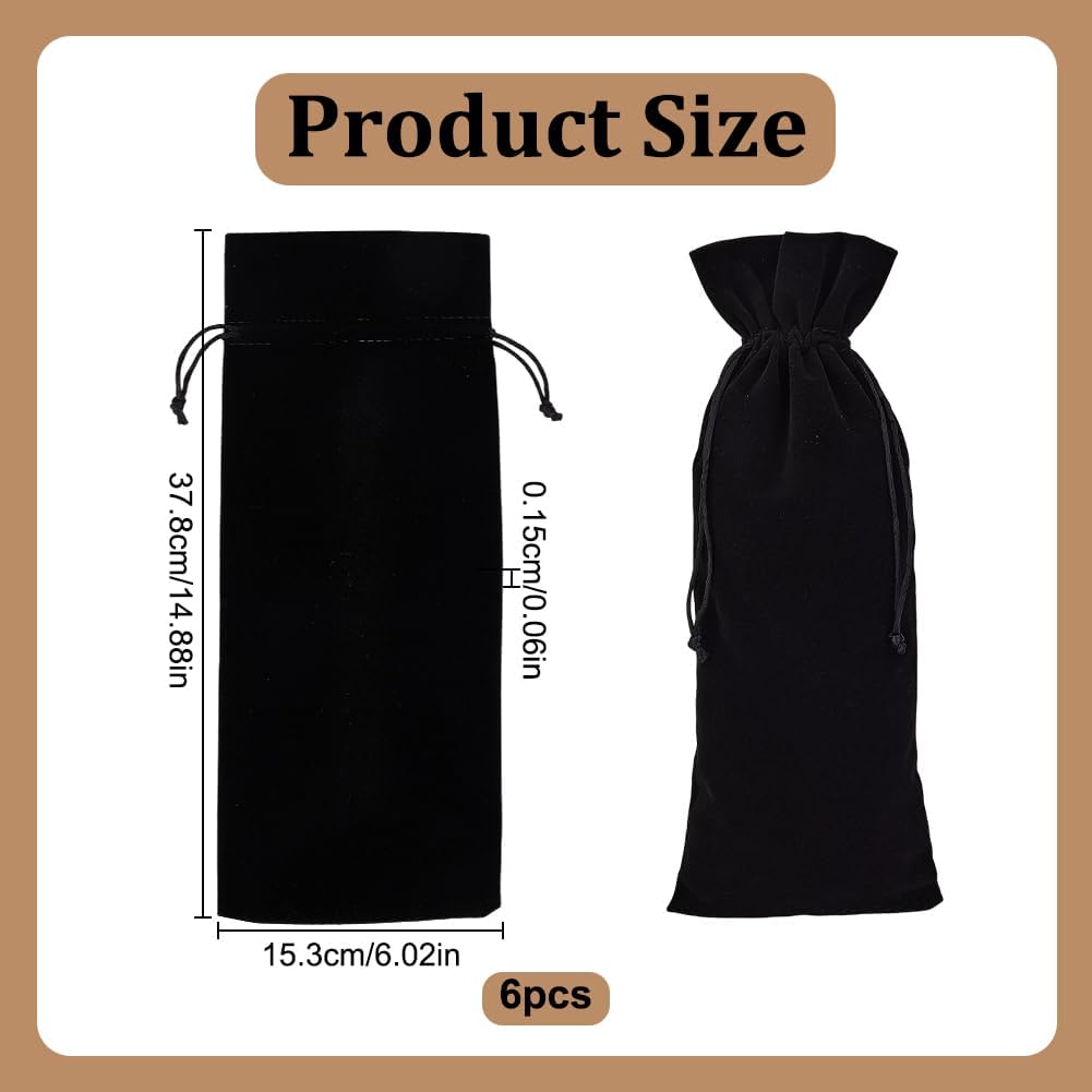 6Pcs Velvet Wine Bottle Bags Champagne Gift Bag with Double Drawstring Closure Red Wine Bottle Drawstring Bags for Housewarming Wedding Birthday Party Holiday 6 x 14.9 Inch (Black) - Image 2