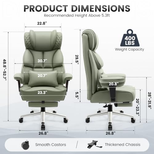 Image of BestGlory Office Desk Chair, Big and Tall Leather Gaming Chair with Footrest, Wide Ergonomic Comfy Executive High-Back Reclining Computer Chairs, Swivel Rolling Wheels and Padded Lumbar Support, Green