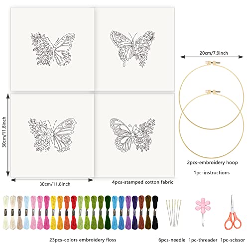 Image of INFUNLY 4 Sets Butterfly Embroidery Starter Kit for Beginners Flower Stamped Cross Stitch Kits with Instructions for Beginners Adults Include Embroidery Hoop Threads and Needles
