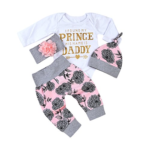 Image of 4Pcs Infant Baby Girls Arrow Letters Romper Top+Long Floral Pant Leggings+Warm Hat+Headhand Bodysuit